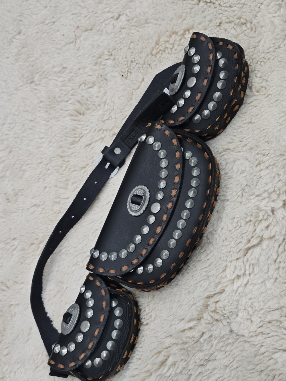 Free People Black Leather Studded Triple Pouch Waist Belt